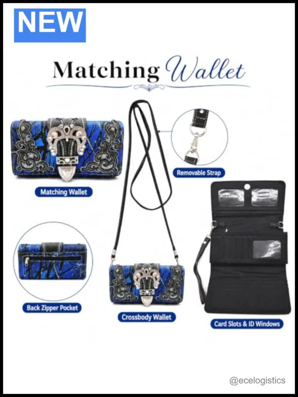 Western Camouflage Shoulder Handbag and Wallet Set, Faux Leather, Rhinestone